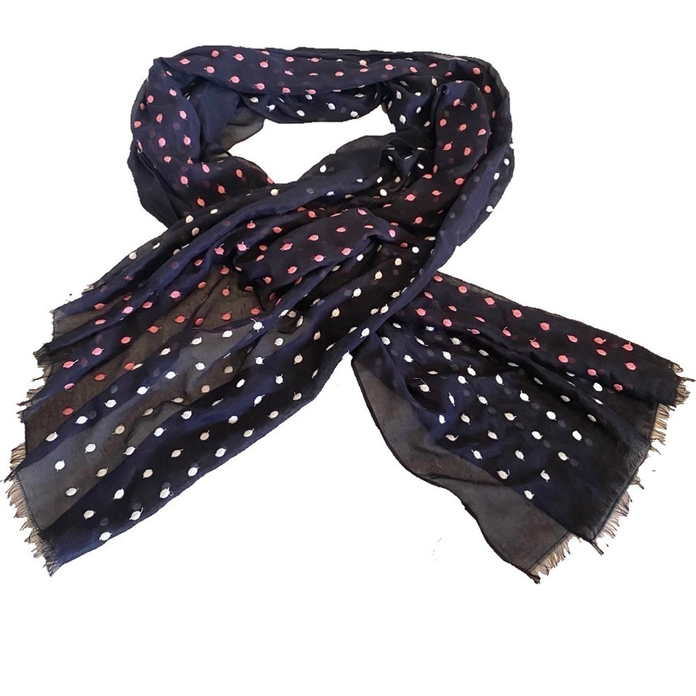 Talbots Lightweight Blue Scarf Wrap White and Pink Embroidered Dots Classic